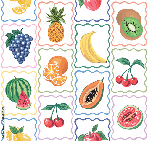 Cherry, agave, pineapple, apple, kiwi, orange, grape, banana, watermelon, lemon, papaya fruits in the frames seamless pattern.. Summer boho wallpaper.