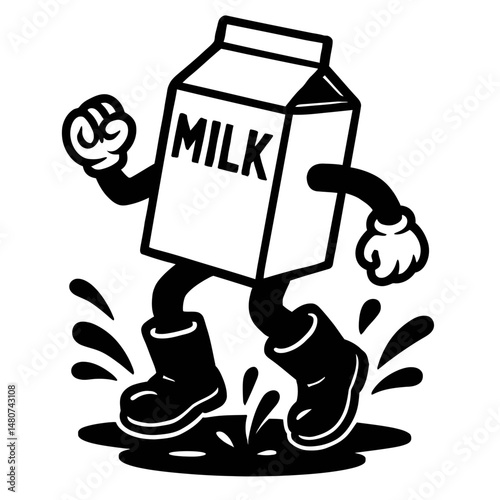 Monochrome vector illustration of a milk carton character splashing in a puddle, perfect for playful, food-related, or animated designs.