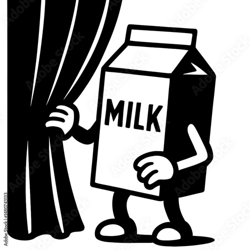 Monochrome vector illustration of a milk carton character opening a stage curtain, ideal for themes of performance, presentation, or a playful reveal.