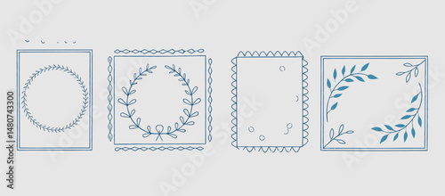 Set of Merry Christmas whimsical hand-drawn blue orange green color frames with wavy squiggle curly ribbons in trendy, vintage styles. Perfect for quirky holiday, Christmas invitation, greeting card.