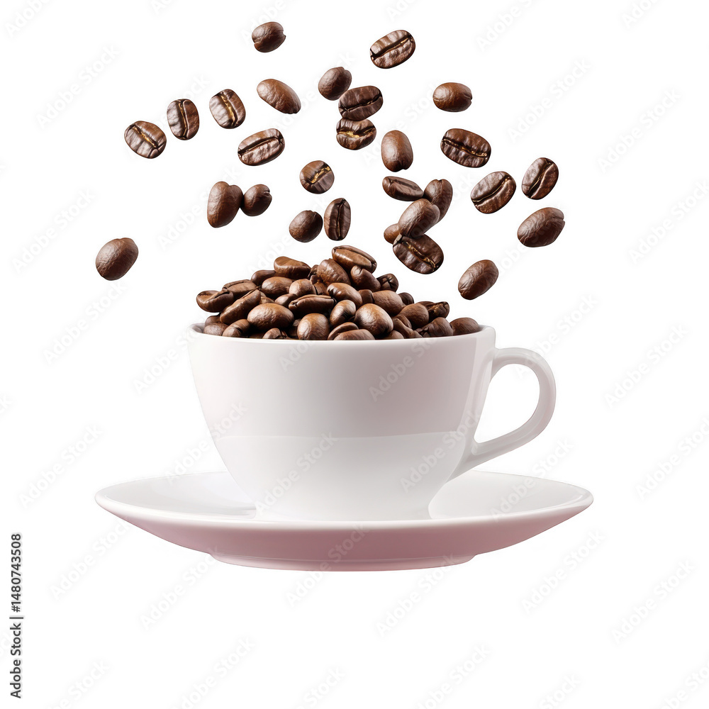 Obraz premium Coffee beans in cup falling on transparent background