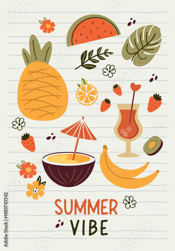 summer vibe. Modern design of posters, postcards, banners. Hand, abstract simple, summer  flowers, watermelon, lemon, strawberry, coconut, banana, monstera, pineapple. Naive pink art,  vector