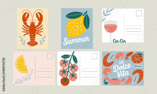 Modern vector food-themed postcards inspired by Mediterranean summer vibes are easily scalable and editable.