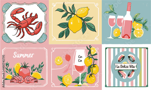 Modern vector food-themed postcards inspired by Mediterranean summer vibes are easily scalable and editable.