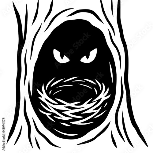 Haunted Hollow: A Stylized Illustration Of A Tree Trunk With A Bird's Nest And Glowing Eyes, Symbolizing Halloween, Mystery, Or Forest Frights