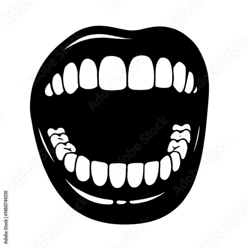 Vocal Expression: A Stylized Illustration Of A Wide Open Mouth With Visible Teeth, Symbolizing Shouting, Screaming, Communication, Or Dramatic Vocalization