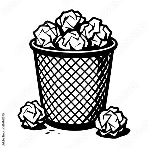Discarded Ideas: A Stylized Illustration Of A Wastebasket Filled With Crumpled Paper, Symbolizing Waste, Recycling, Brainstorming, Or Office Refuse