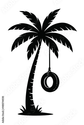 Tropical Play: A Stylized Illustration Of A Palm Tree With A Tire Swing, Symbolizing Childhood Fun, Summer Leisure, Or Relaxed Island Recreation