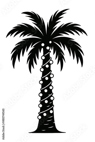 Tropical Festivity: A Stylized Illustration Of A Palm Tree Adorned With String Lights, Symbolizing Holiday Cheer, Warm Climate Christmas, Or Seasonal Celebration