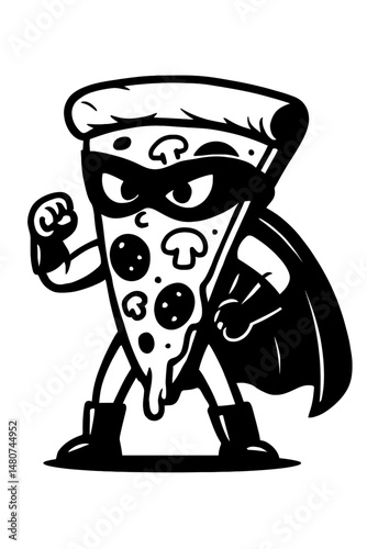 Pizza Power: A Stylized Illustration Of A Superhero Pizza Character With A Mask And Cape, Symbolizing Strength, Heroism, Fast Delivery, Or Culinary Might