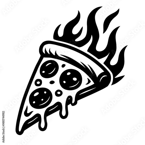 Fiery Flavor: A Stylized Illustration Of A Pizza Slice With Flames, Symbolizing Hot Food, Spiciness, Intense Taste, Or Dynamic Culinary Experience