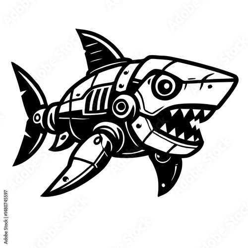 Cybernetic Predator: A Detailed Illustration Of A Robotic Shark, Symbolizing Advanced Technology, AI, Marine Robotics, Or Futuristic Power