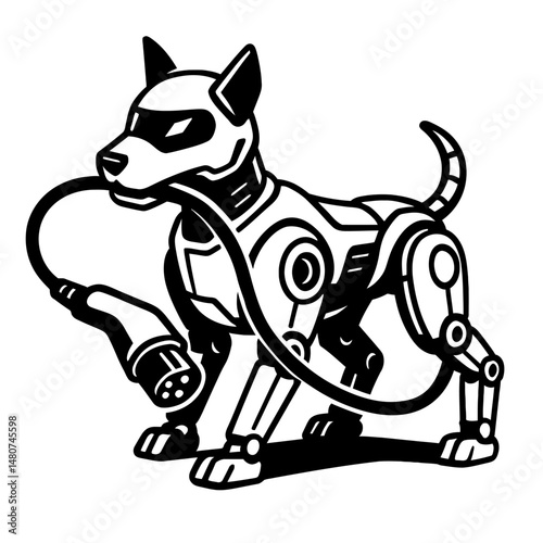 Future Companion: An Illustration Of A Robotic Dog Holding A Charging Cable, Symbolizing AI, Electric Vehicles, Advanced Robotics, Or Sustainable Technology