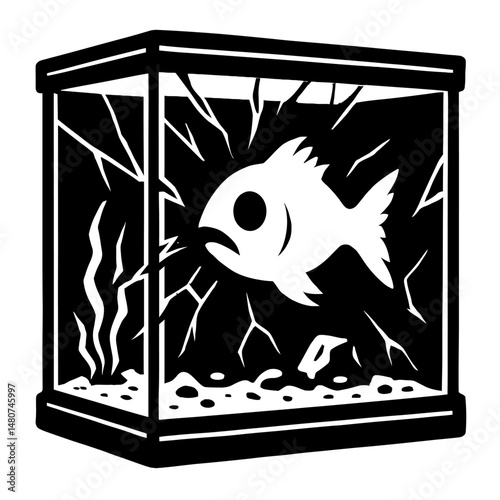 Black and White Illustration of a Broken Fishtank with Dead Fish