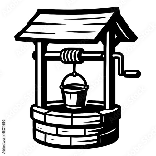 Enchanting Black and White Wishing Well Vector Illustration: Classic Rustic Graphic for Garden, Fairytale, Folklore, and Symbolic Luck & Hope Designs