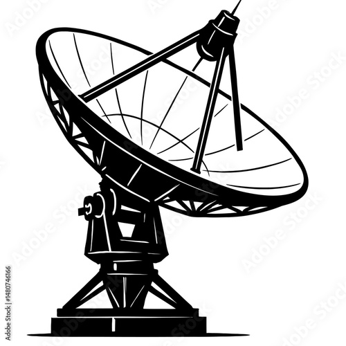 Futuristic Black and White Satellite Dish Vector Illustration: High-Tech Radar & Communication Graphic for Global Connectivity, Broadcast, and Data Transmission Designs