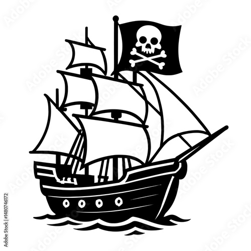 Classic Black and White Pirate Ship Vector Illustration: Detailed Sailing Vessel Graphic for Adventure, Nautical, and Maritime Design Projects