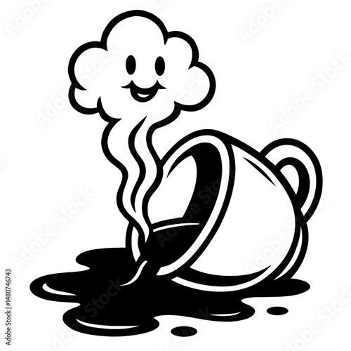 Black and White Illustration of a Spilled Cup with Happy Steam - Graphic Element for Food, Fun, or Design Themes