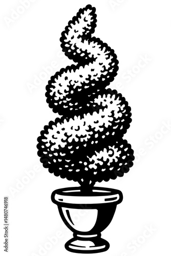 Black and White Illustration of a Spiral Topiary - Graphic Element for Nature, Gardening, or Design Themes