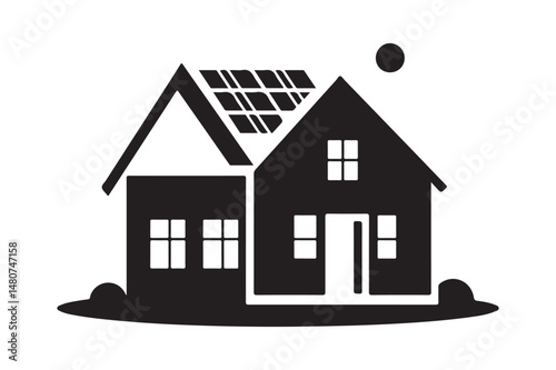 Modern House Silhouette with Solar Panels Eco Home Vector Illustration in Black and White