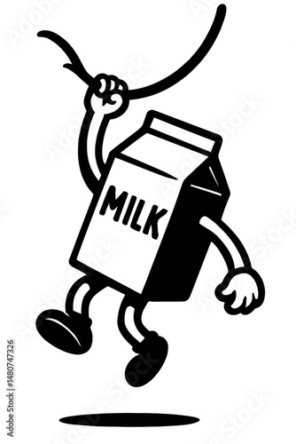 Black and White Illustration of a Swinging Milk Carton Character - Graphic Element for Food, Fun, or Design Themes