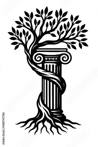 Nature's Embrace: An Illustration Featuring a Tree Wrapped Around a Column, Representing The Strength of Nature, Resilience, The Passage of Time, Or The Visual Contrast Between Natural Growth And Stru