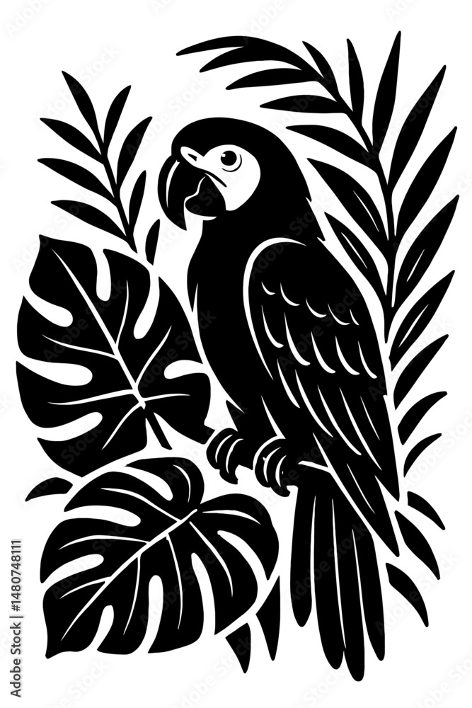Obraz premium Spirit of The Tropics: An Illustration Featuring a Macaw Among Tropical Leaves, Representing Exotic Birds, Jungle Animals, Nature, Or The Captivating And Beautiful Wildlife Found In Tropical Rainfores
