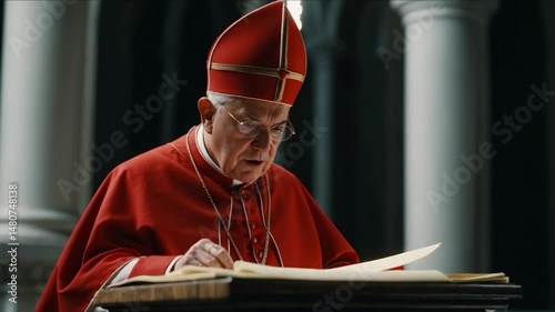 Catholic cardinal standing by the altar, holding a folded ballot as he prepares to cast his vote during the papal conclave. 