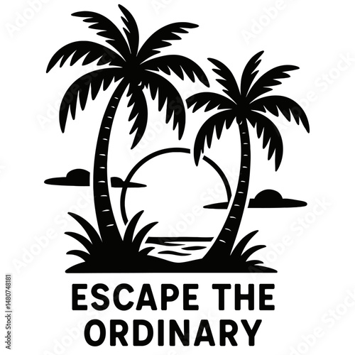 Live Beyond The Ordinary: An Illustration of a Tropical Scene and The Text "ESCAPE THE ORDINARY," Representing Travel, Adventure, Lifestyle, Or A Call To Seek Experiences And Break Away From The Munda