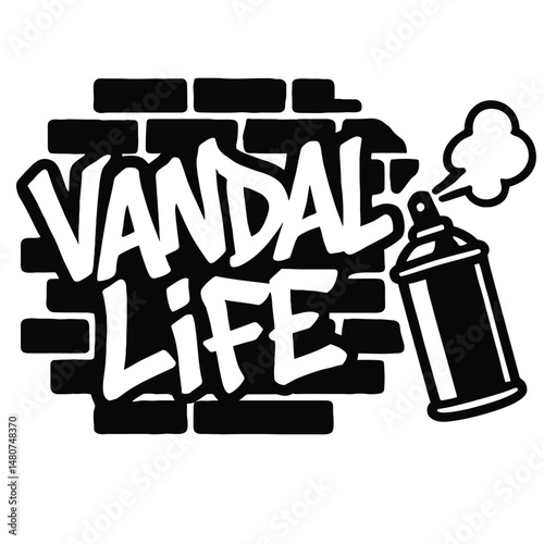 Urban Canvas: An Illustration Featuring "VANDAL LIFE" Graffiti on a Brick Wall With a Spray Can, Representing Street Art, Urban Lifestyle, Or The Act of Making a Statement Through Graffiti and Spray P