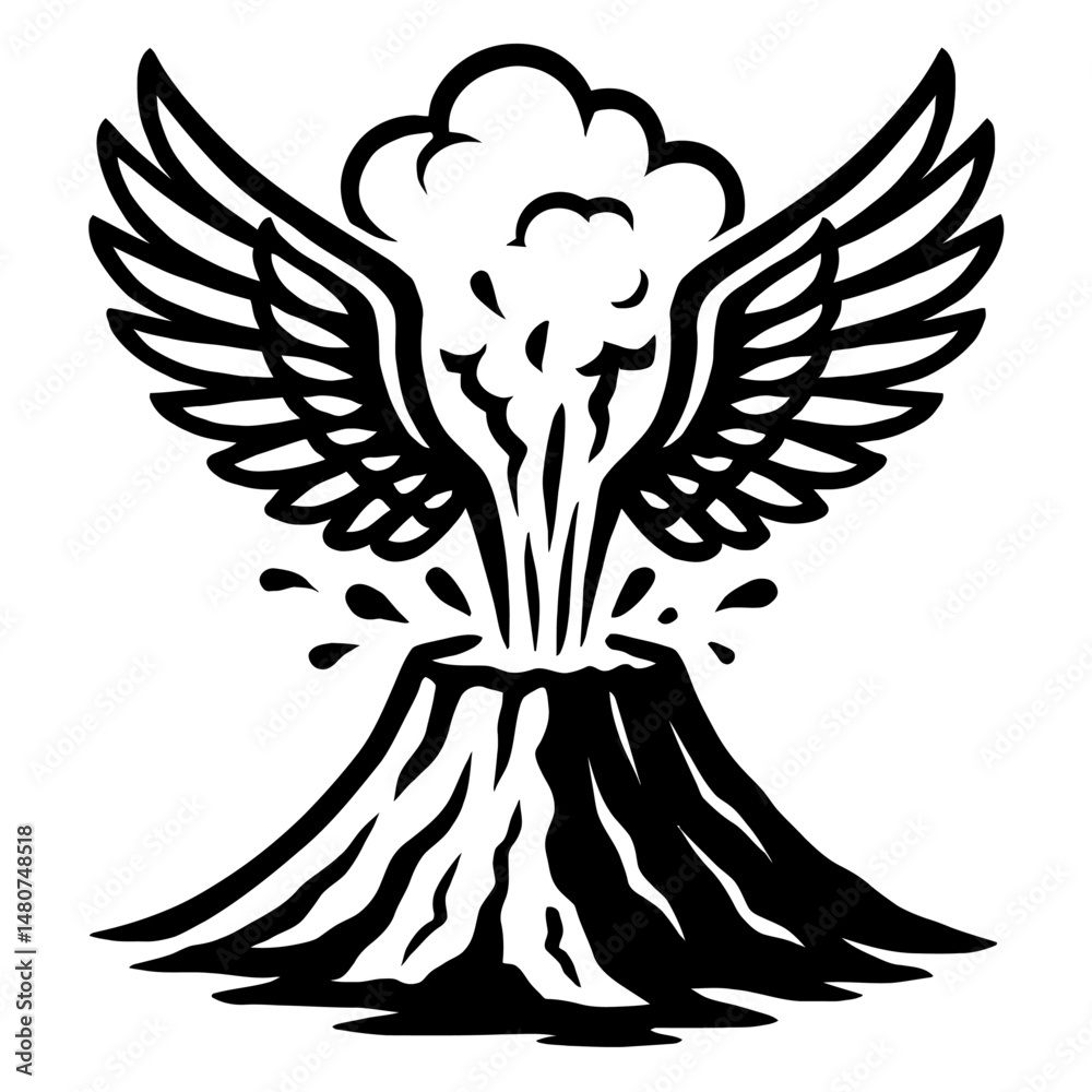 Fototapeta premium Wings of Fire: An Illustration of an Erupting Volcano With Attached Wings, Symbolizing Powerful Force, Dramatic Release, Natural Energy, Or The Idea of Something Explosive and Primal Taking On A New D