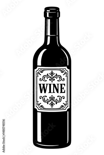 Elegance in a Bottle: A Timeless Illustration of a Classic Wine Bottle With an Ornamental Label, Representing Fine Wine, Vintage Drinks, Celebration, Or The Simple Beauty of a Standard Wine Container