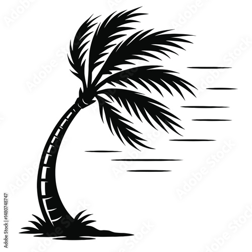 Swaying in the Tempest: An Illustration of a Palm Tree Bent Dramatically by Strong Winds, Representing Stormy Weather, Tropical Climates, The Power of The Environment, Or The Struggle of Nature Agains