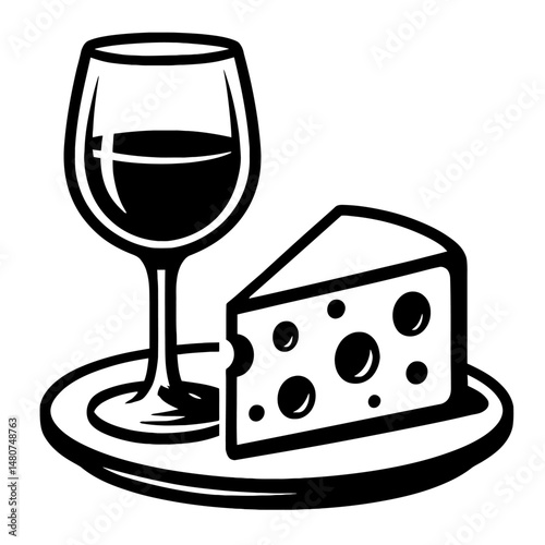 The Perfect Match: An Illustration of a Wine Glass and a Slice of Cheese on a Plate, Representing A Culinary Pairing, Wine Tasting, Entertaining, Or The Timeless Combination of These Food and Drink It