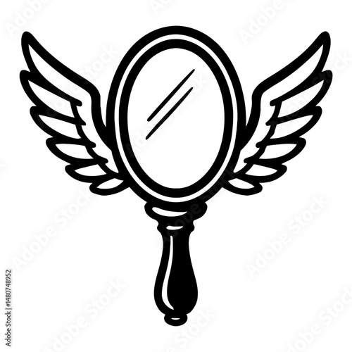 Black and White Illustration of a Winged Hand Mirror - Graphic Element for Abstract, Beauty, or Design Themes