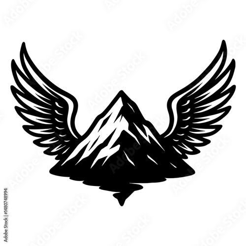 Black and White Illustration of a Winged Mountain - Graphic Element for Nature, Abstract, or Design Themes