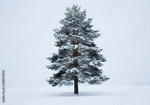 Vertical snow-covered pine tree against a winter sky.
