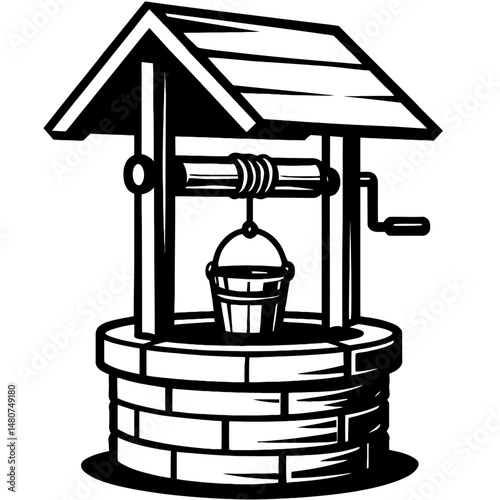 Black and White Illustration of an Old Water Well - Graphic Element for Rural, Vintage, or Design Themes