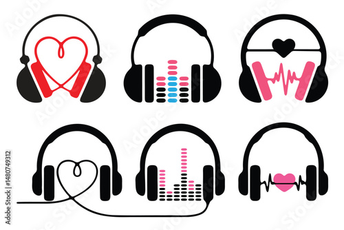 Six Stylish Headphones Icons with Different Audio Visualizations