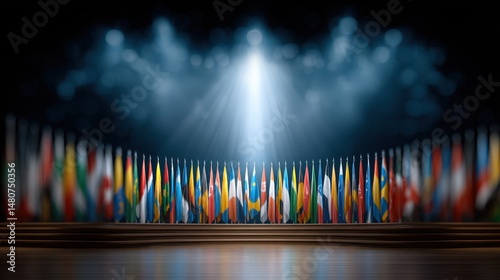 International Flags Illuminated on Stage, Global Unity Concept