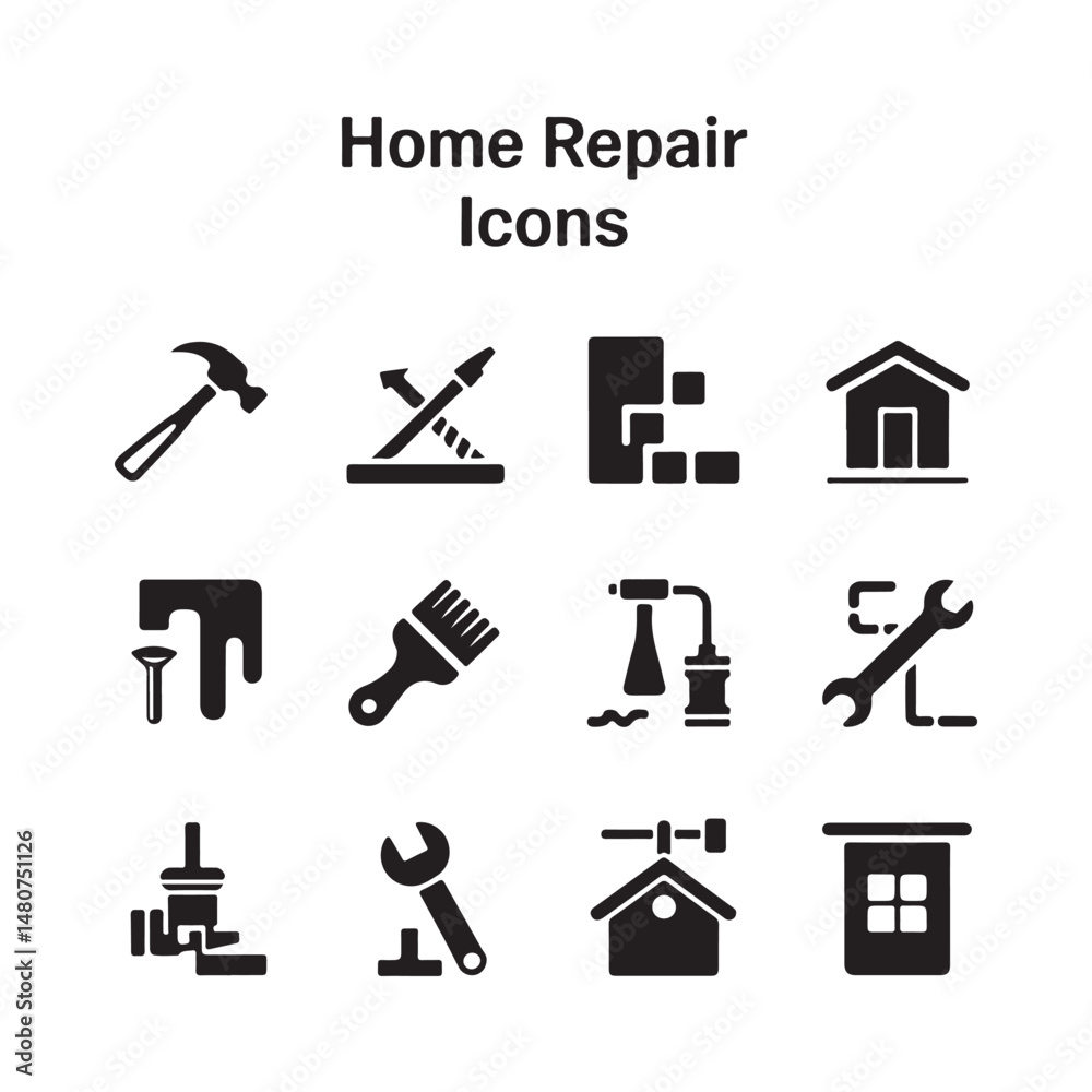 Obraz premium Home Renovation and Repair Icon Set Vector – Black Silhouettes for DIY and Contractor Tools
