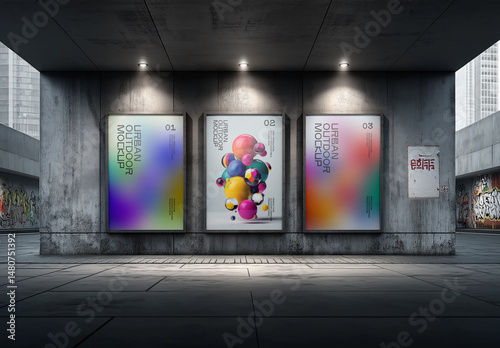 Urban Lightbox Poster Mockup Set – Realistic Nighttime Outdoor Advertising Display with Graffiti Wall Background and Dramatic Lighting