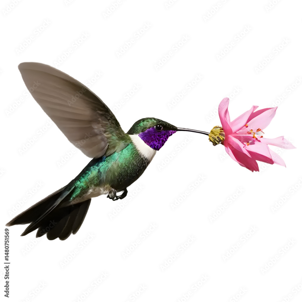 Fototapeta premium Hummingbird and Pink Flower: A vibrant hummingbird with iridescent green and purple plumage hovers gracefully, its long beak delicately probing a vibrant pink flower.