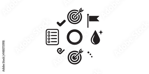 Productivity and Focus Icon Set Vector – Black Silhouettes of Checklist, Goal, Bullseye, and Motivation Icons