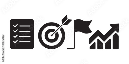 Productivity and Focus Icon Set Vector – Black Silhouettes of Checklist, Goal, Bullseye, and Motivation Icons