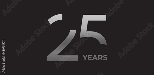 25 years anniversary logo with metallic gradient digits, evokes elegance, prestige, achievement. Silver number design for corporate milestone branding, print, digital media. Flat vector illustration.