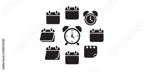 Silhouette vector set of schedule and calendar tools planners, alarms, reminders, deadlines, and tasks 