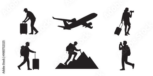 Travel Activities Icon Set Vector – Black Silhouettes of Packing, Boarding, Sightseeing, Hiking, and Taking Photos