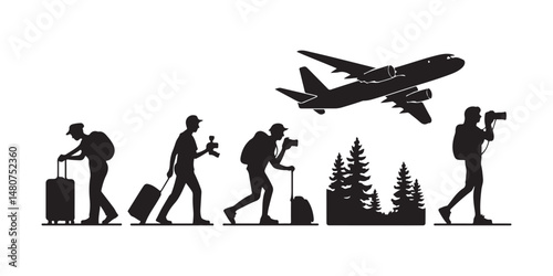 Travel Activities Icon Set Vector – Black Silhouettes of Packing, Boarding, Sightseeing, Hiking, and Taking Photos