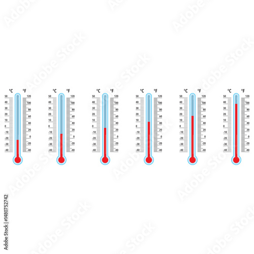Set of thermometer readouts with Celsius and Fahrenheit degree scales and numbers from cold to heat. Meteorology measurement tool